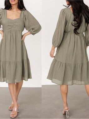 Baltic Born Vaeda Olive Green Crepe Grid Knee Length Dress Size 1XL